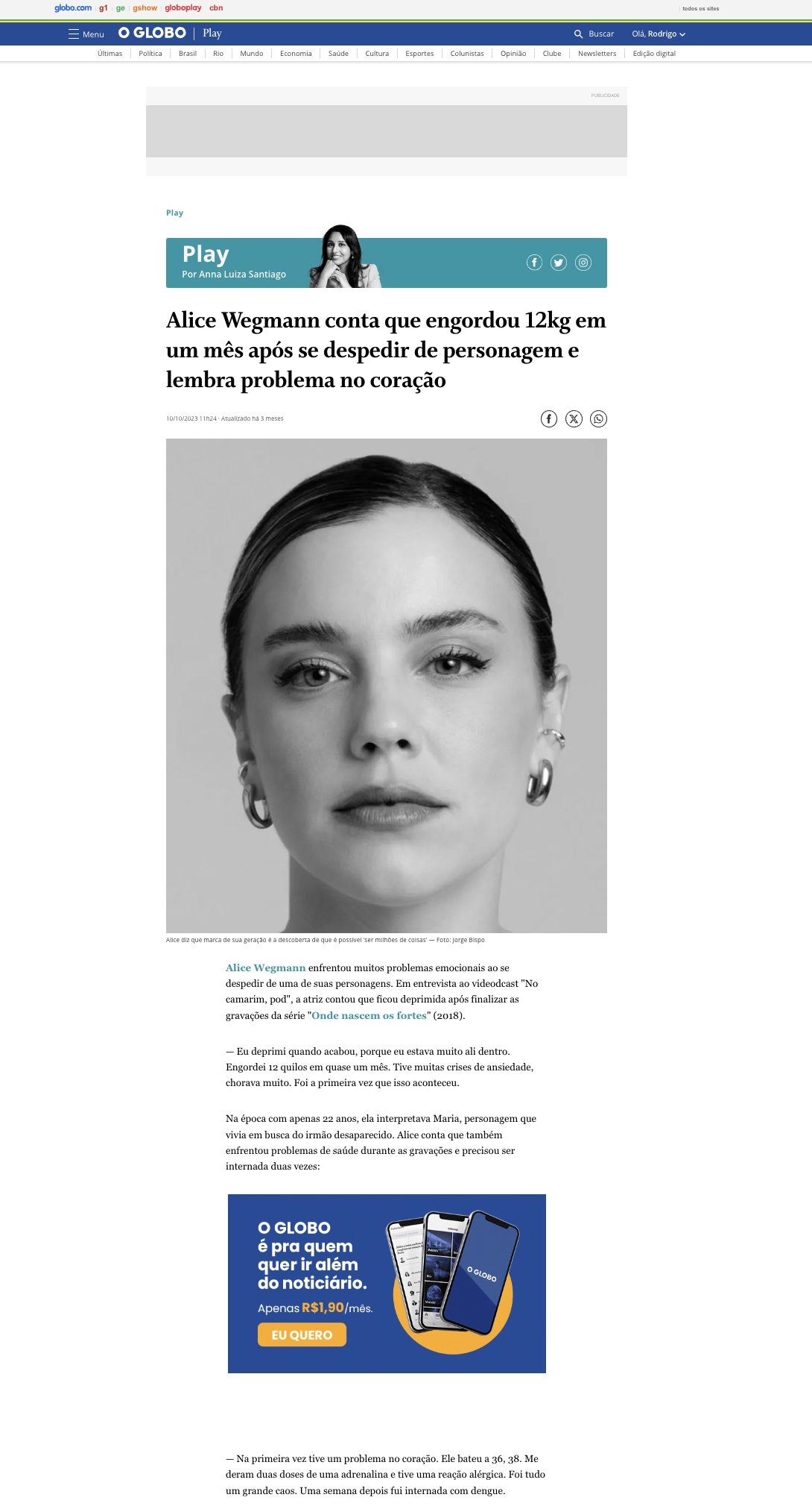 Imagem de Alice Wegmann conta que engordou 12kg em um mês após se despedir de personagem e lembra problema no coração