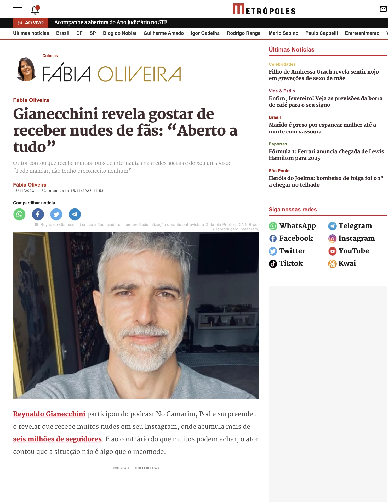Imagem de Gianecchini revela gostar de receber nudes de fãs: “Aberto a tudo”