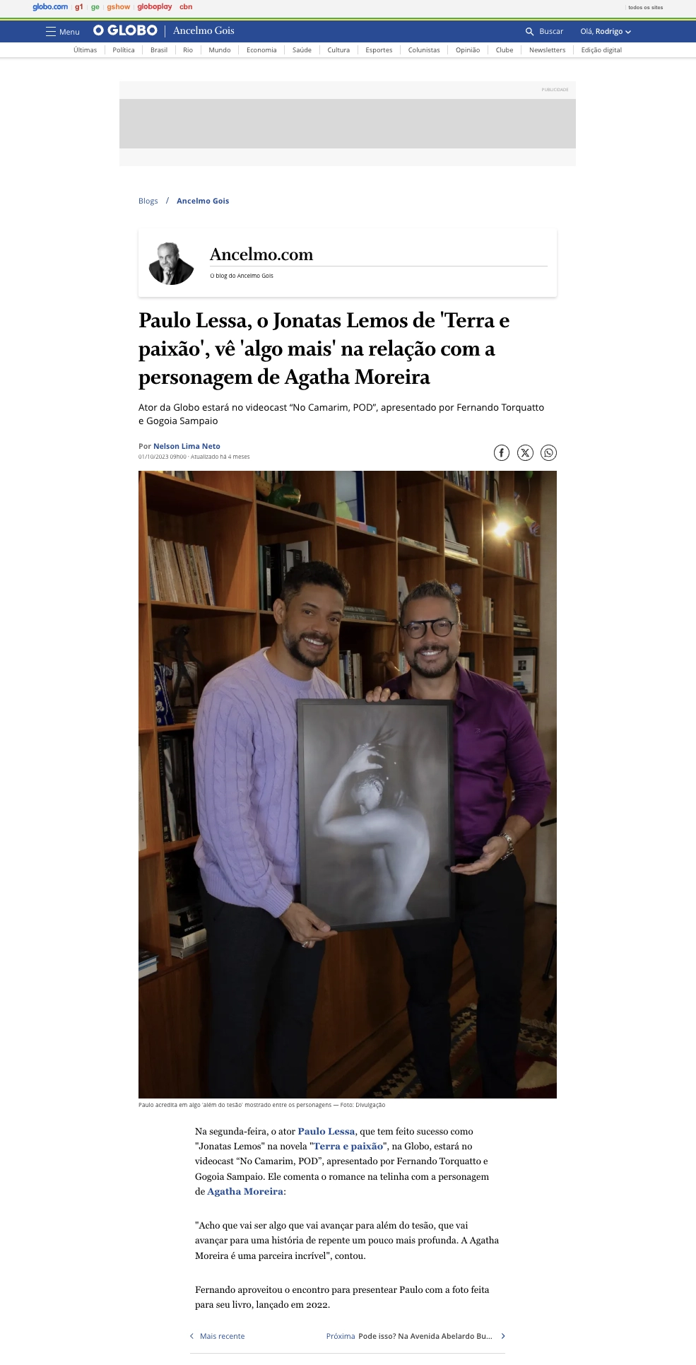 Imagem de Paulo Lessa, o Jonatas Lemos de 'Terra e paixão', vê 'algo mais' na relação com a personagem de Agatha Moreira