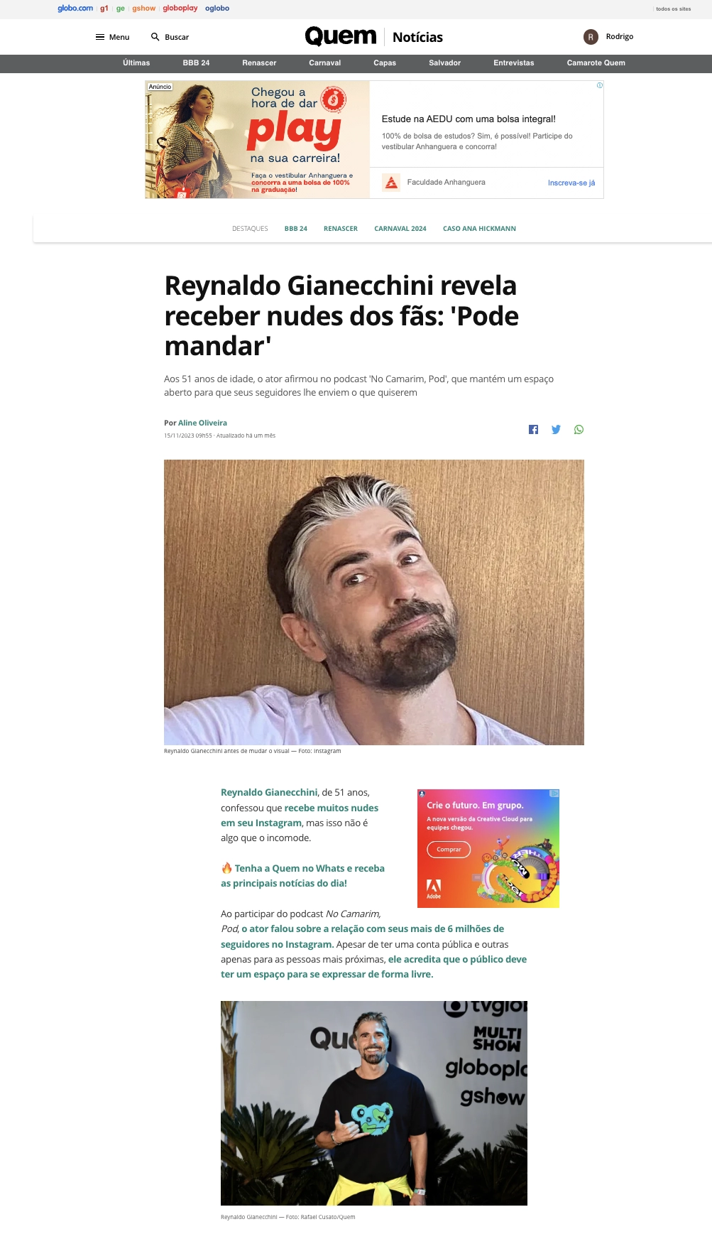 Imagem de Reynaldo Gianecchini revela receber nudes dos fãs: 'Pode mandar'